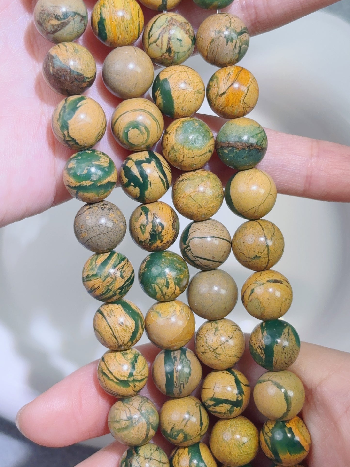 天然石連材-ビーズ-10 mm緑龍紋石