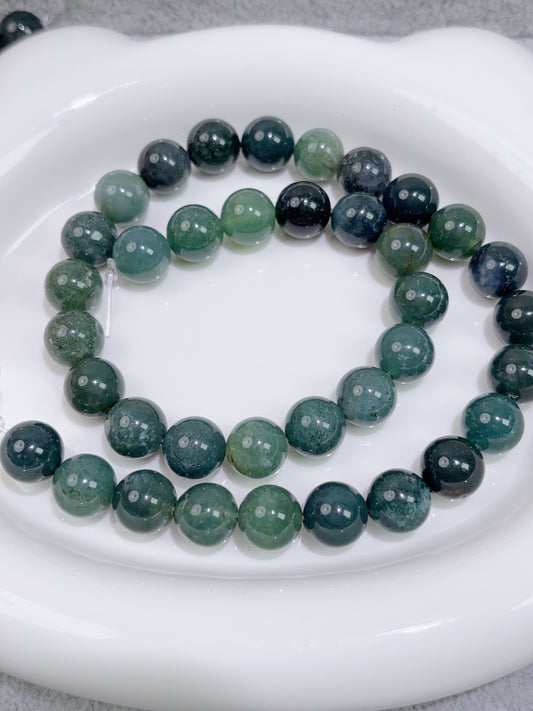 天然石連材-ビーズ-10 mm水草瑪瑙/moss agate