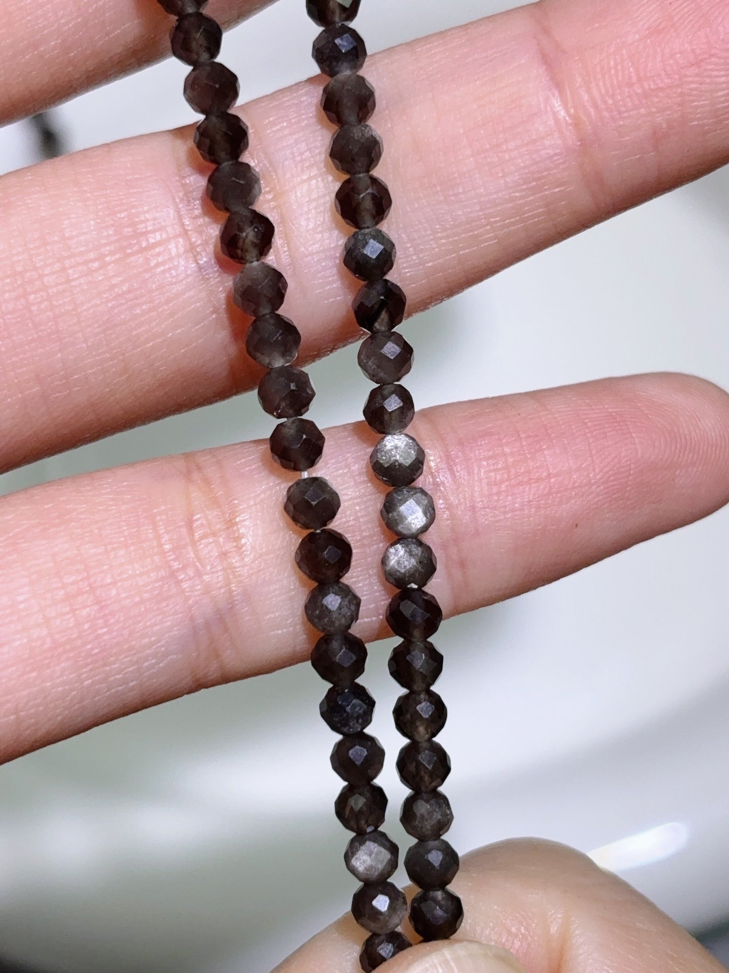 天然石連材-算盤多面-3 mmシルバーオブシディアン