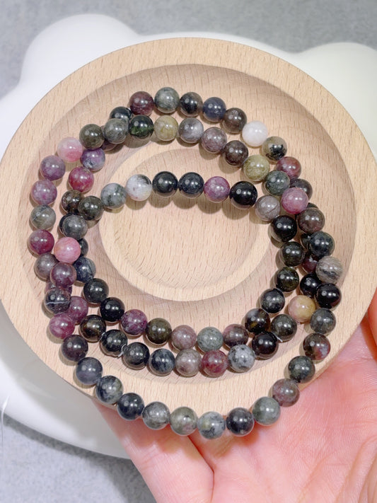 天然石連材-円珠-6 mm碧璽(三輪手串)トルマリン