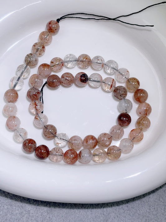 天然石連材-円珠-8 mm黒金超七/ブラックゴールドスーパーセブン