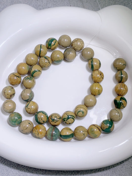 天然石連材-ビーズ-10 mm緑龍紋石