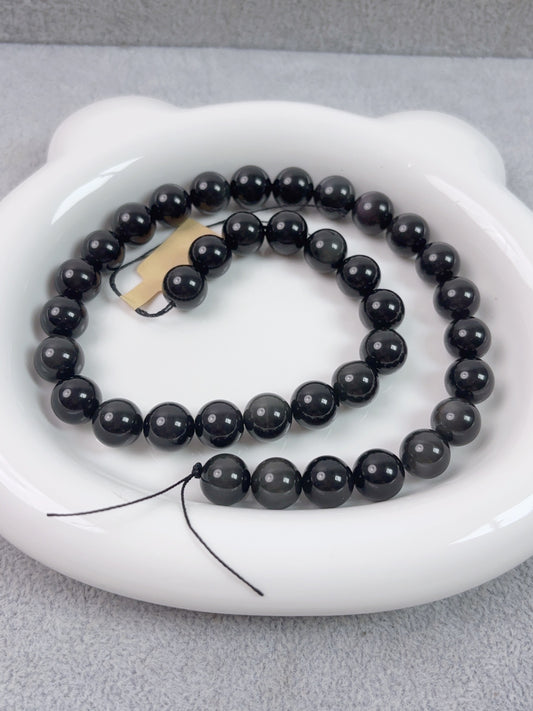 天然石連材--円珠--10 mm虹黒曜石