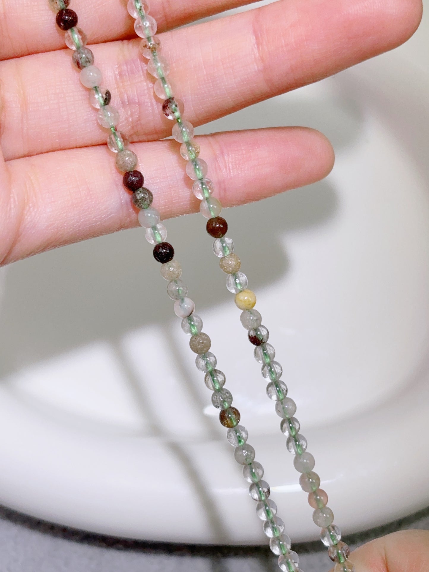 天然石連材-ビーズ-3 mm緑ファントムクォーツ