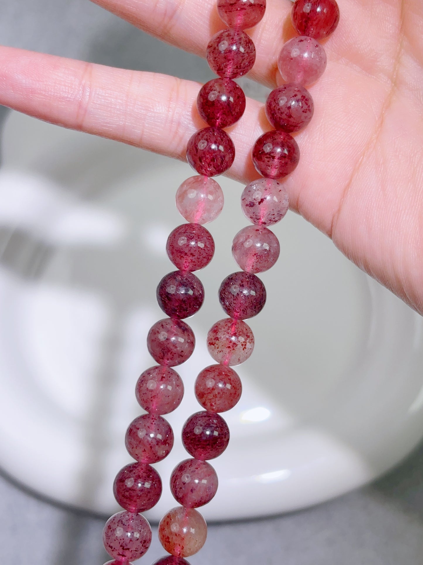 天然石連材-ビーズ-8 mm老鉱ストロベリークォーツ（黒点なし）