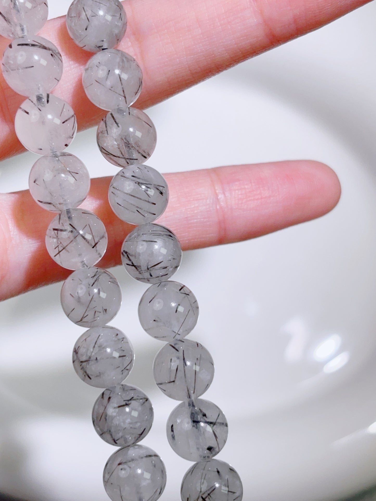 天然石連材-ビーズ-8 mm黒髪晶