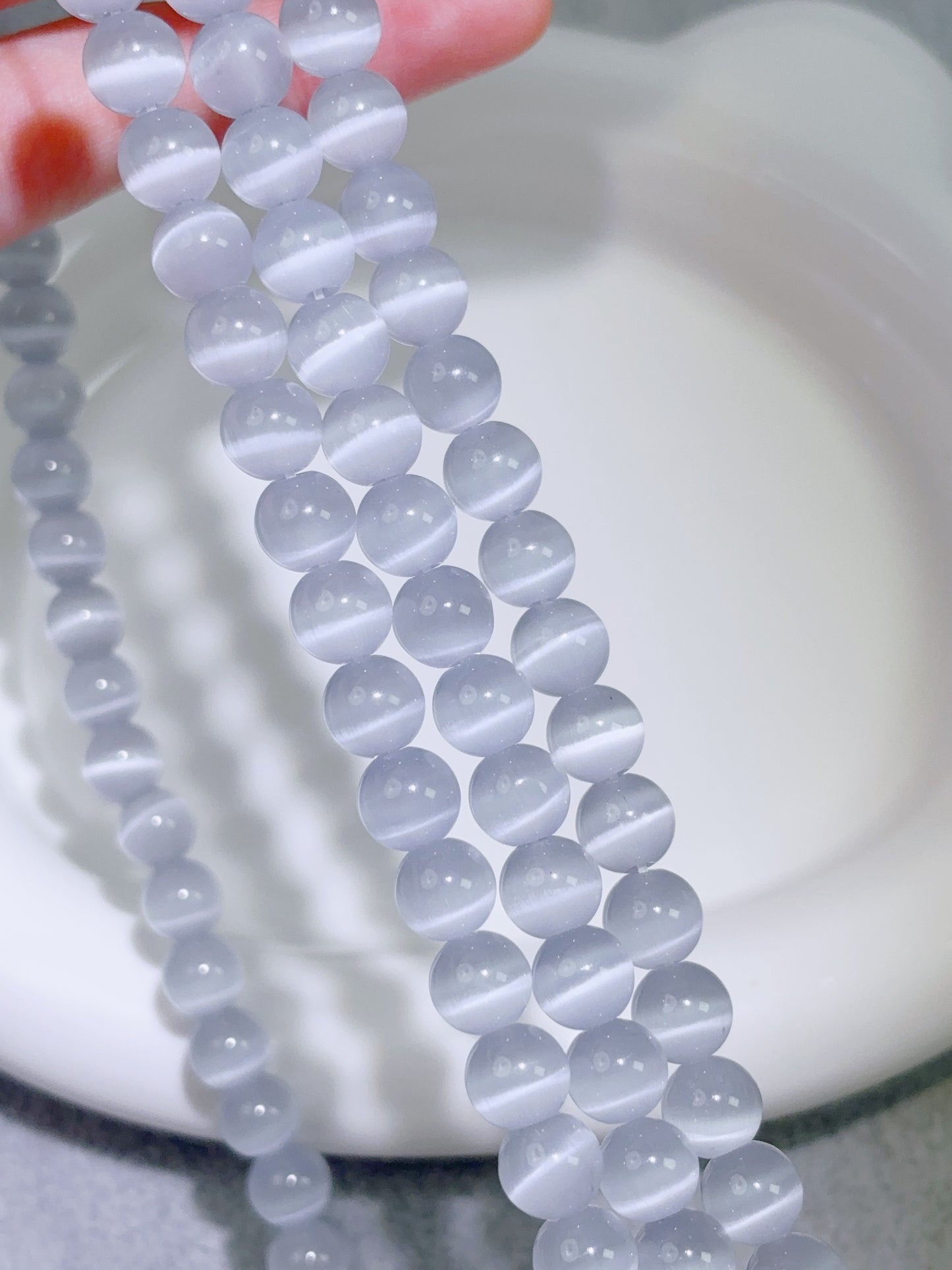 天然石連材-ビーズ-8 mmシルバーキャッツアイ