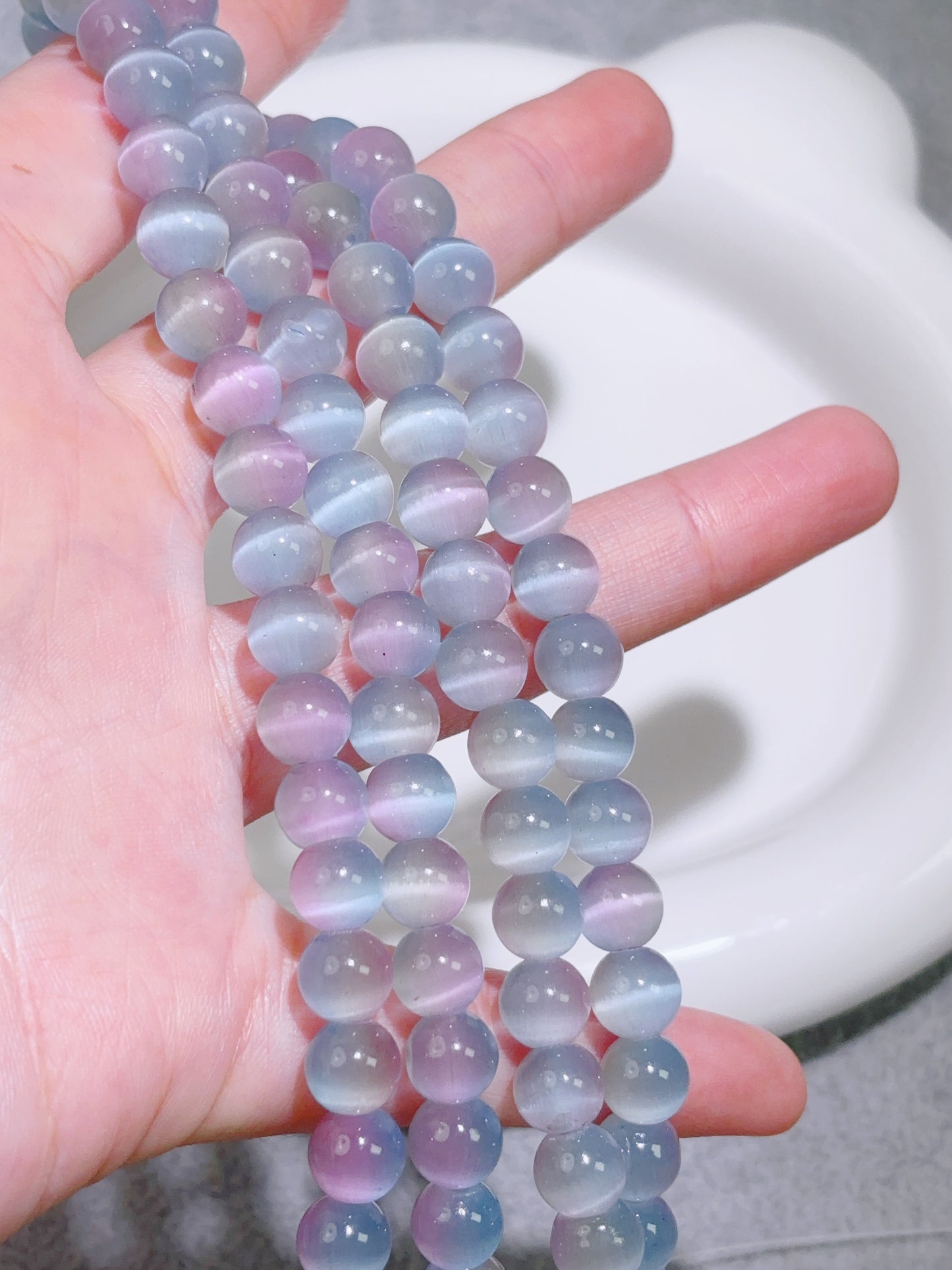 天然石連材-ビーズ-8 mm青黄青キャッツアイ