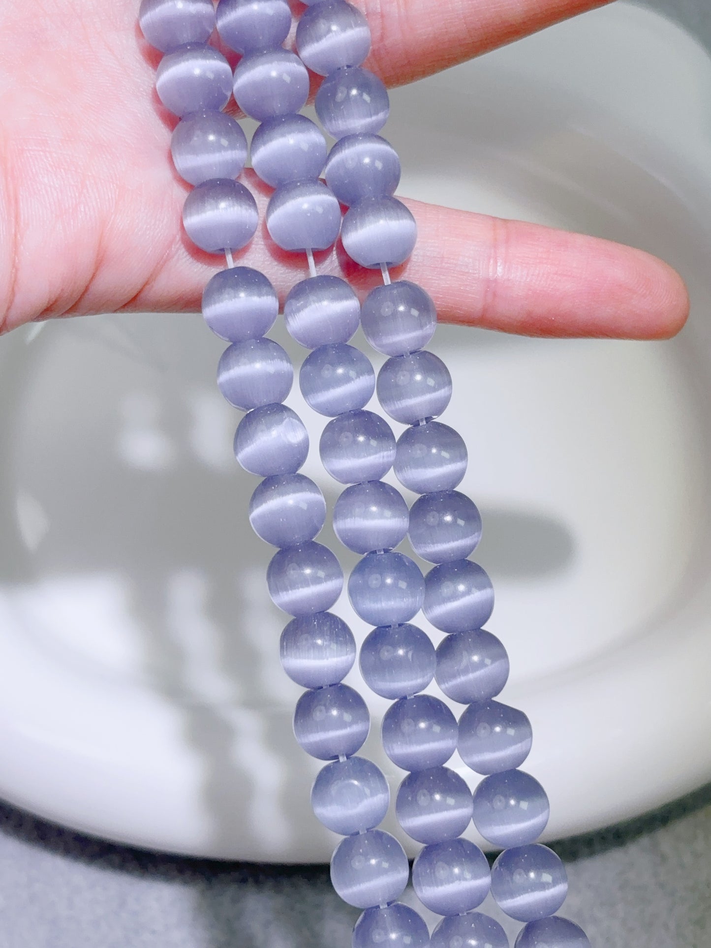 天然石連材-ビーズ-8 mm淡紫ローランド キャッツアイ