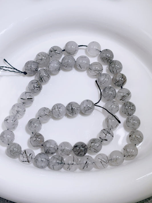 天然石連材-ビーズ-8 mm黒髪晶